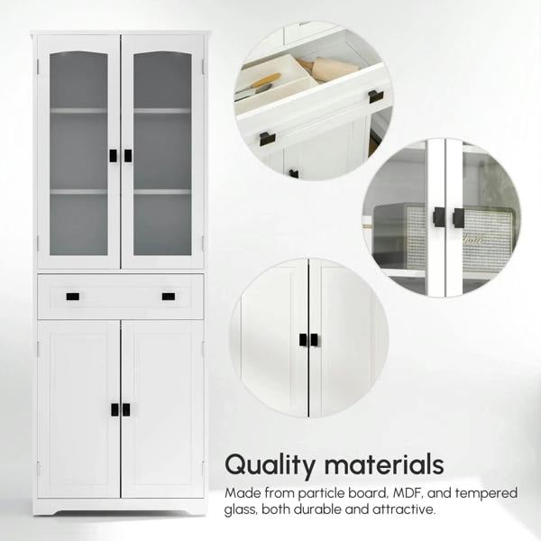 White cabinet with glass doors and drawer; close-up of hardware and handles