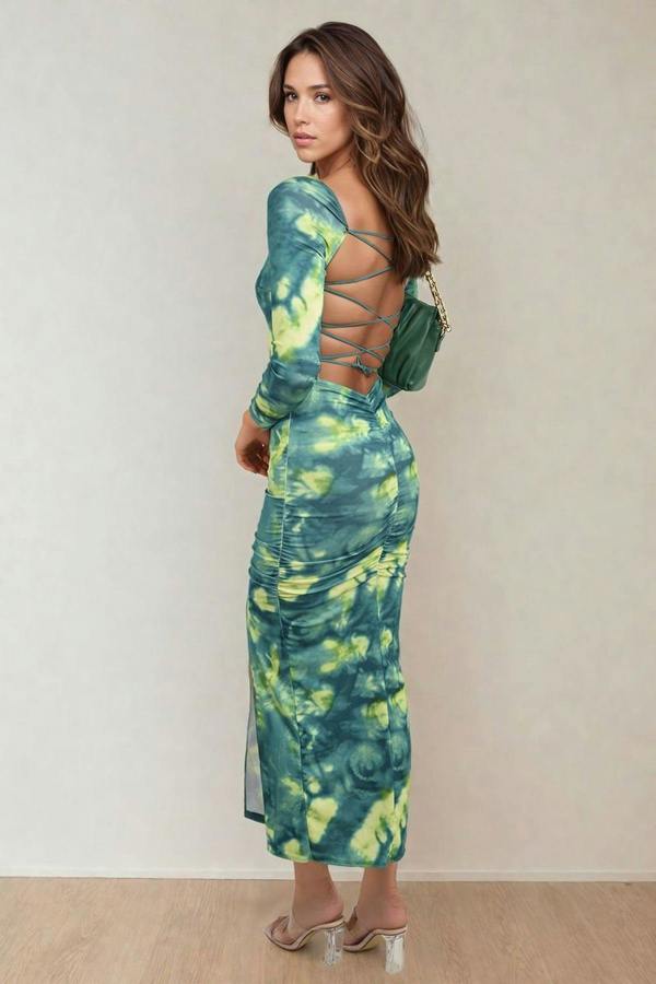 Priscilla Printed Long Sleeve Cross-tied Back Midi Dress - Green