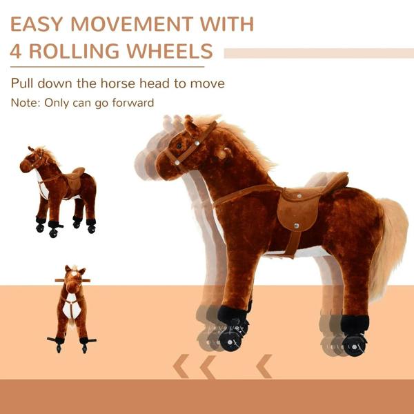 Plush brown ride-on horse toy with four rolling wheels and pull-to-move design