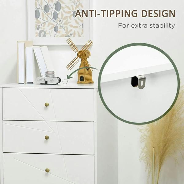 White dresser with anti-tip design detail at side panel, plus four drawers and gold knobs.