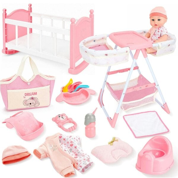deAO Toys deAO Baby Doll Crib & High Chair Nursery Playset with 12" Soft Doll & 14 Accessories Pretend Feeding & Caring Role‑Play Set for Kids Ages 3+