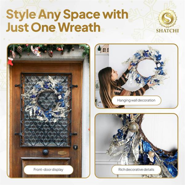 58cm Gold and Blue Baubles Wreath, Artificial PE Christmas Door Decoration image 4