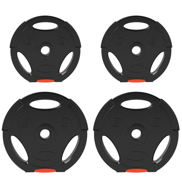 Black weight plate set with four plates, center hole and grip cutouts
