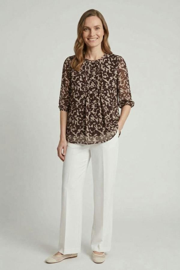 Brown | Printed Semi Sheer 3/4 Sleeve Blouse