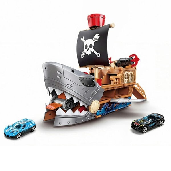 deAO Toys Shark Bite Pirate Ship Toy Set 8 Race Cars, Launch Track GREY Age 3+