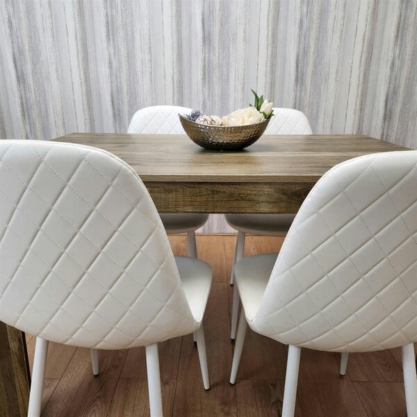 Kosy Koala Wooden Dining Table with 4 white Gem Patterned Chairs Rustic Effect Table with white Chairs