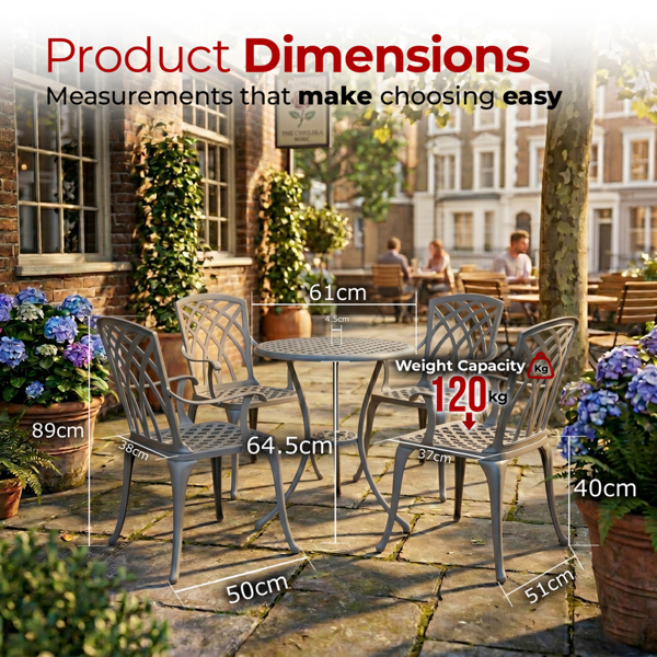 Centurion Supports OSHOWA Luxurious Garden and Patio Table and 4 Large Chairs with Armrests Cast Aluminium Bistro Set Grey