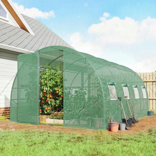 3 x 4 m Walk-in Polytunnel Greenhouse with Hinged Door and 8 Roll Up Mesh Windows, Garden Tunnel Warm House Tent, Green - Green