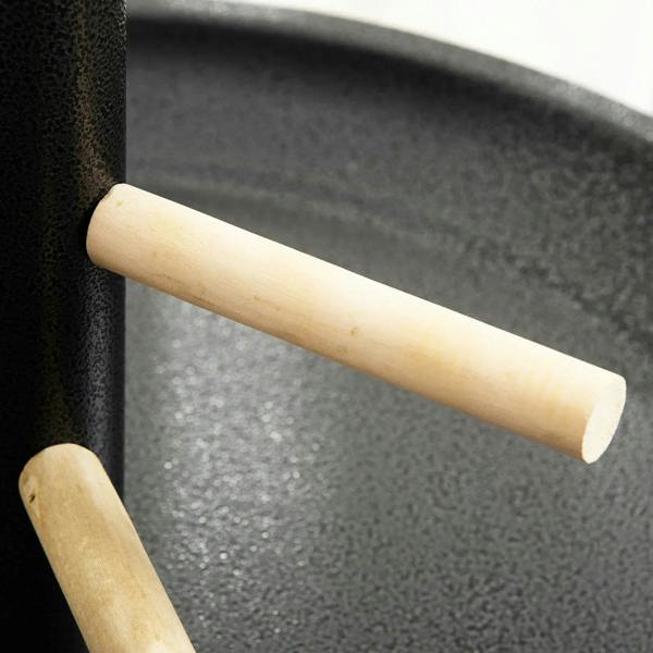 Wooden perch bar detail on black metal bird play stand