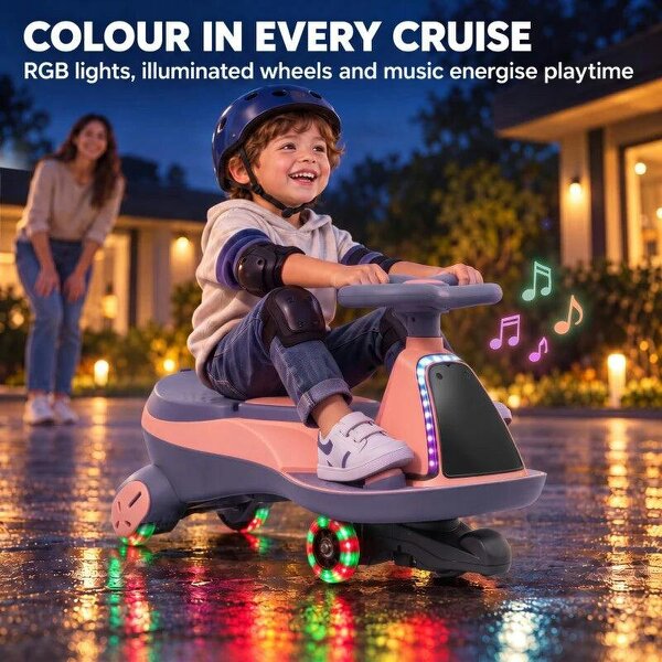 12V Electric Wiggle Car, 2-In-1 Kids Ride On Toy with 2 Speeds, Soft Start, PU Wheels, RGB Lights, Up to 60 kg, Pink