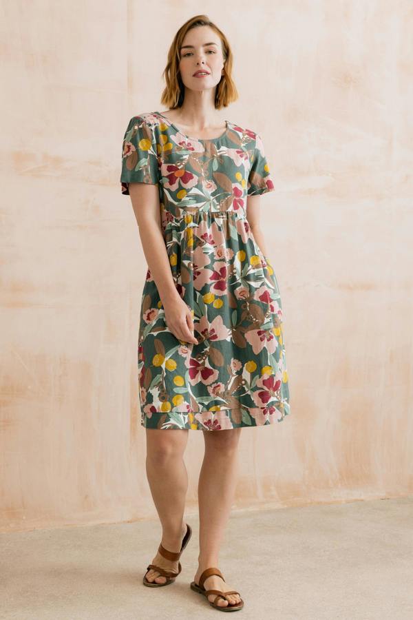 Lily & Me Carnival Linen Blend Printed Dress Laurel Green