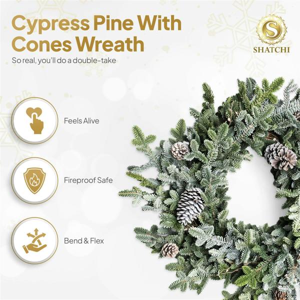 60cm Green Cypress Pine Wreath with Pine Cones, Realistic PE Foliage for Festive Door and Home Displays image 8