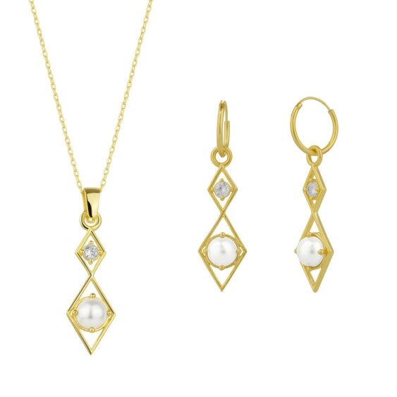 Spero London Sterling Silver Rhombus 3D Pearl Necklace and Earring Set