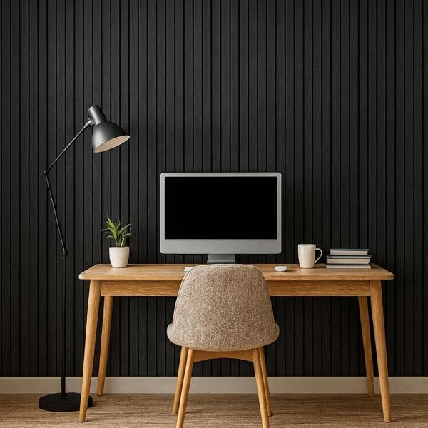 Modern home office with wooden desk, chair, computer monitor, lamp, and decor against a black acoustic panelled wall.