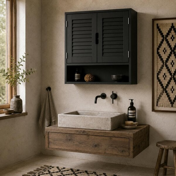 Wyld Haus Neco Wall Mounted Bathroom Storage Cabinet With Adjustable Shelves Black 60 x 20 x 60cm