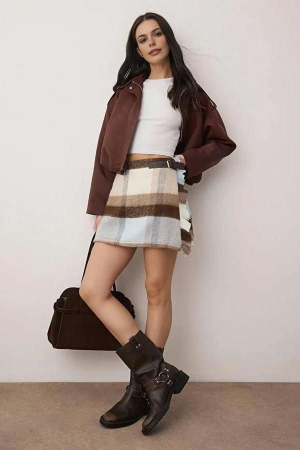 WOVCOR Argyle Pattern Woven Winter Mini Skirt with Belt Detail