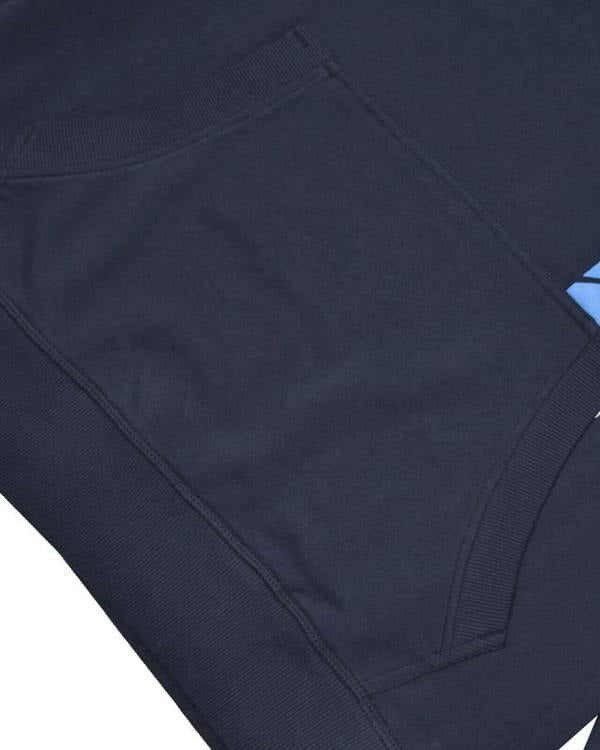 Lambretta Mens Racing Stripe Pull Over Sweatshirt Hooded Hoodie, close-up shot showing dark navy fabric and ribbed waistband.