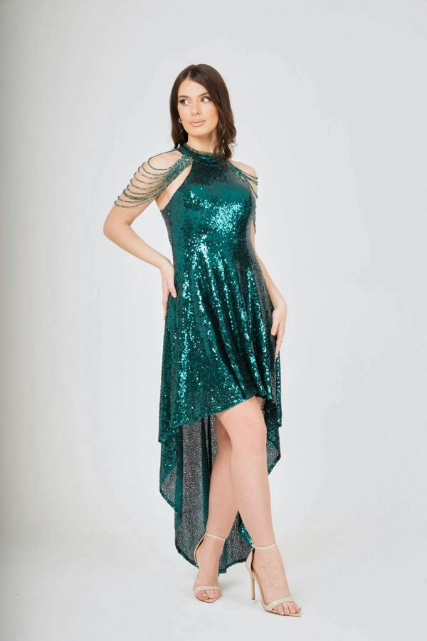 LuvForever Emerald Jewel Shoulder Hi-Lo Sequin Dress
