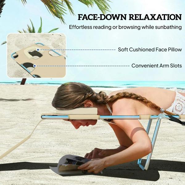 Beige face-down relaxation sun lounger with soft face pillow and arm-slot openings