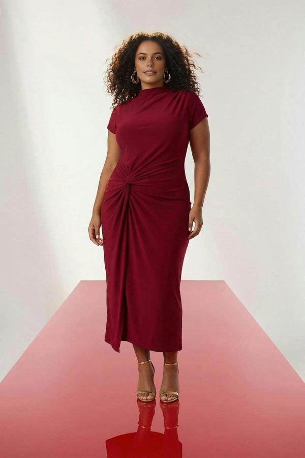 WOVCOR High Neck Knot Detail Midi Knitted Plus Size Dress