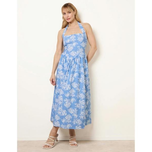 Blue Vanilla Ditsy Floral V Waist Halter Midi Dress
