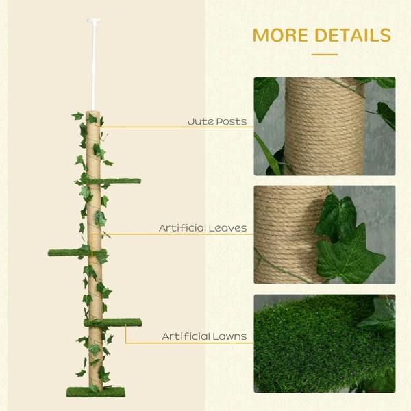 Leaf-wrapped jute posts with green artificial lawn platforms on an adjustable cat tree