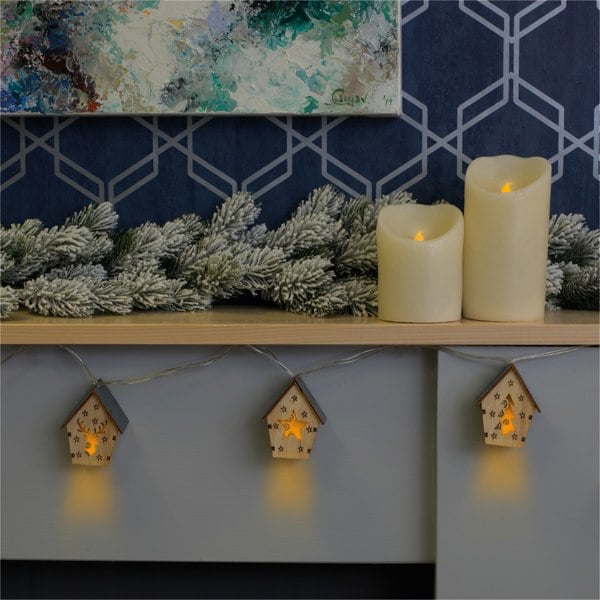 St Helens 10 WOODEN FESTIVE HANGING HOUSES WITH LED LIGHTS