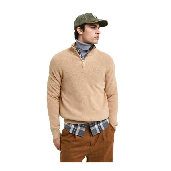 Gant Mens Wool Blend Half Zip Fleece Top - Khaki - 