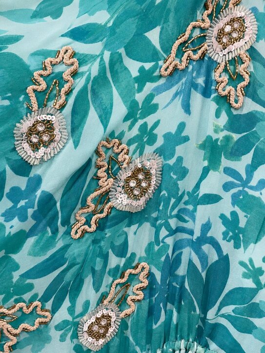 Caz Kaftan long in mint green, leaf print with hand embellishment