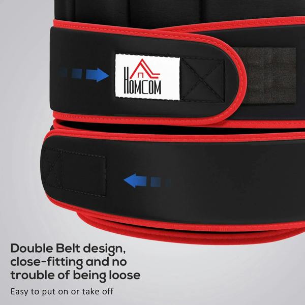 Black weighted vest with red trim, double belt design with logo patch and strap loops