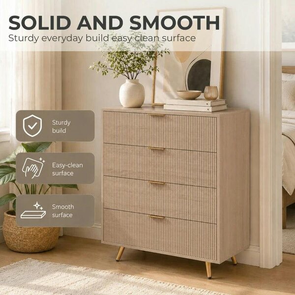Bedroom Chest of Drawers with 4 Drawers, Fluted Dresser with Gold Tone Handles, Storage Cabinet, Natural