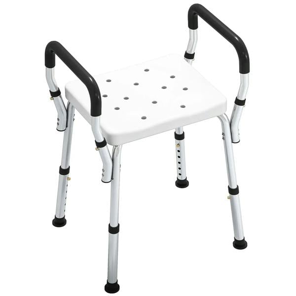 White aluminium bath seat with perforated top, curved armrests, 57–69 cm height