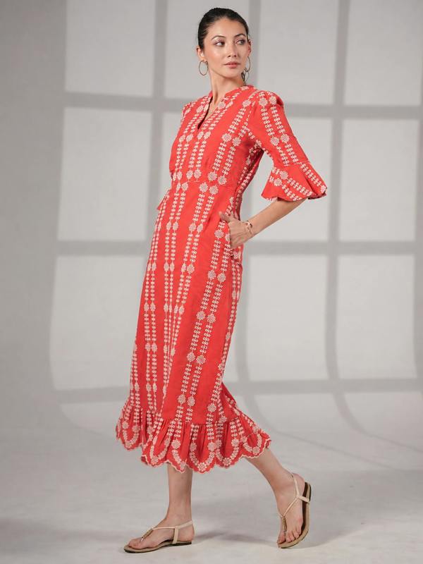 Rose & Nancy Cat Coral Embroidered Midi Dress