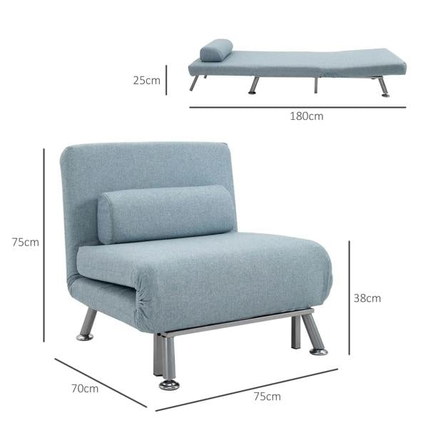 Sky blue upholstered convertible sleeper chair with adjustable backrest, size diagram