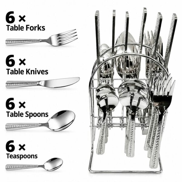 Dyzi 24 Piece Stainless Steel Cutlery Set with Storage Stand Silver