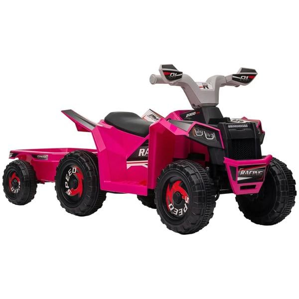 Pink ride-on quad bike with rear trailer, four chunky wheels and gray handlebars