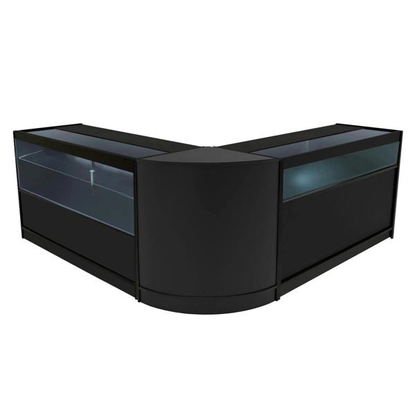 Black Adonis LED Shop Counter Set featuring a sleek, modern design with glass display sections and smooth surfaces, ideal for retail use