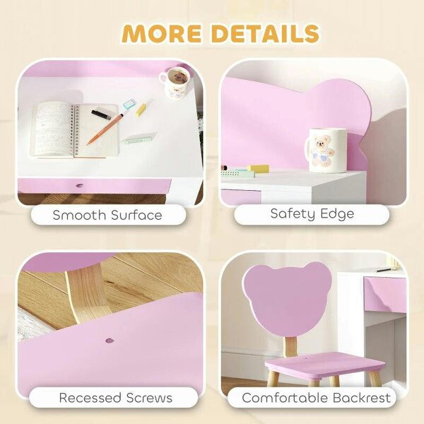 Kids Desk and Chair Set with Drawer for Drawing, Reading, Bear Theme Children Furniture for Bedroom, Daycare, Pink
