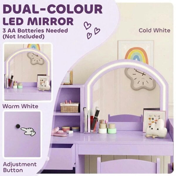 Kids Vanity Table and Chair Set, Kids Vanity Table with 2-Colour LED Mirror, Stool, Cabinet, Drawer, Shelves, Purple