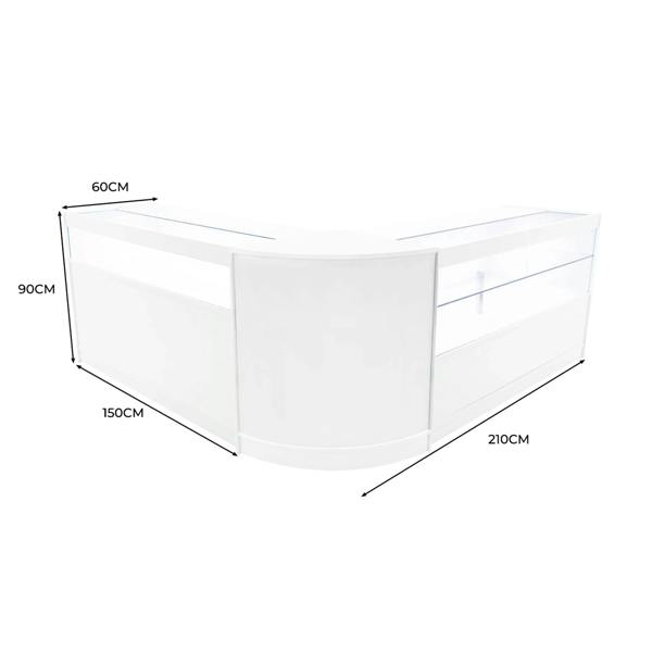 Curved white LED shop counter set featuring sleek glass displays, measuring 150cm by 210cm, ideal for retail environments
