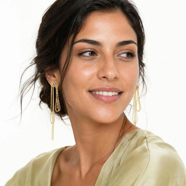 Gold Trip Asymmetric Beaded Drop Clip On Earrings
