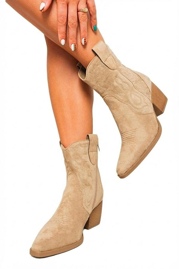 Laura Suede Cowboy Ankle Length Boots - Khaki_wb