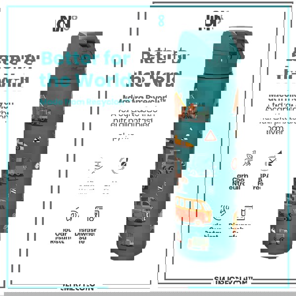 A teal water bottle, featuring a vehicle design, sits against a white background. It's made from a plant-based polymer, BPA-free, odour-resistant, and dishwasher-safe. The text highlights it being "Better for the World".