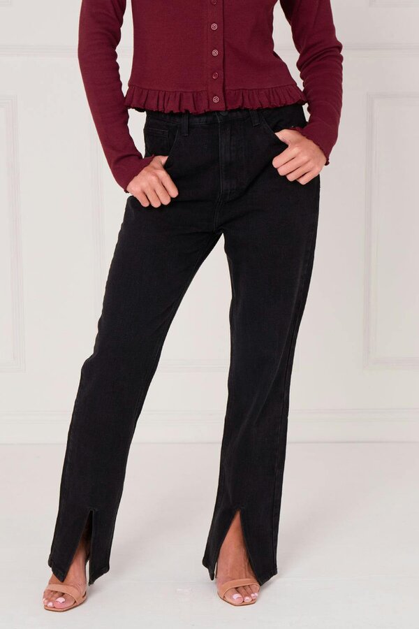 Black Front-Slit Straight Leg Jeans — Flattering, Modern & Effortlessly Chic - Black