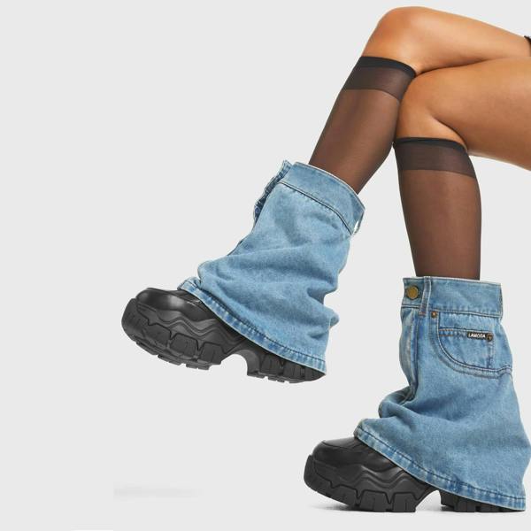 Lamoda Jeanius Black PU Denim Chunky Platform Boots Trendy Stylish Statement