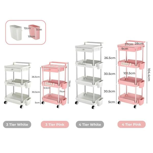 Levede Metal Storage Trolley on Wheels 3/4 Tier with Drawer Pink Rolling Cart