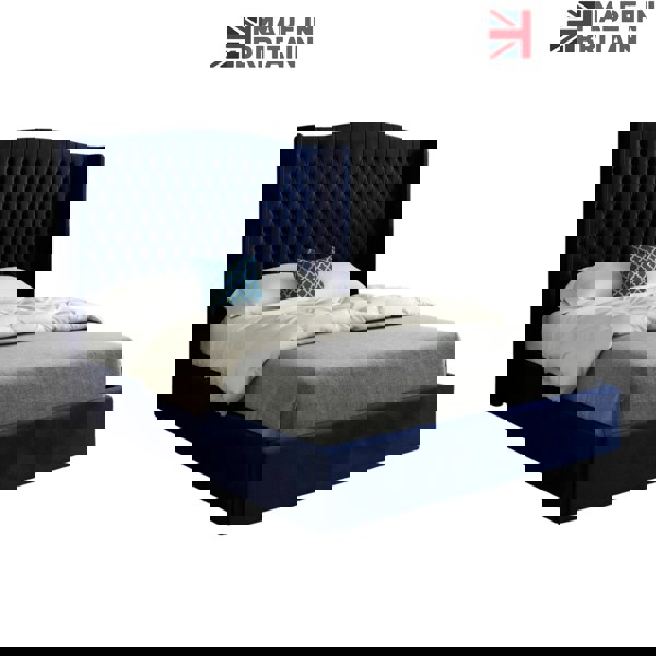 Casa Magna Rana Curved Top Winged Upholstered Soft Velvet Bed Frame - Blue