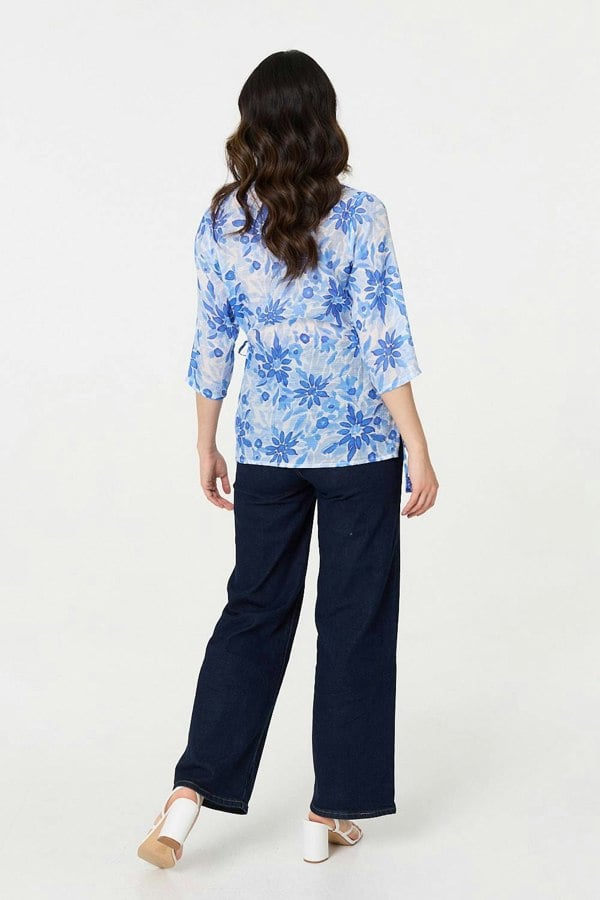 Blue | Floral 3/4 Sleeve Tie Detail Blouse
