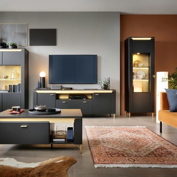 Furniture To Go Genoa Vitrin 1 Door in Black Matt/Gold