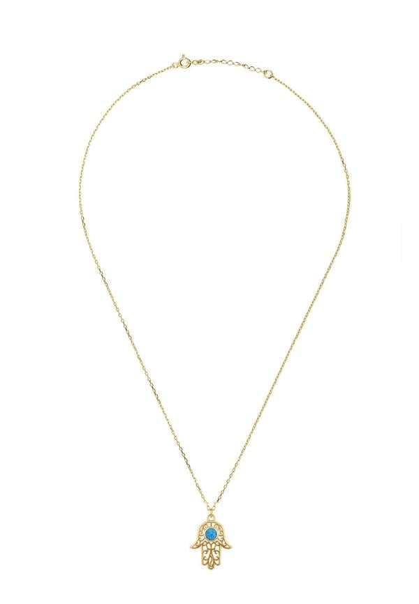Latelita Hamsa Hand Filigree Blue Opal Pendant Necklace Gold